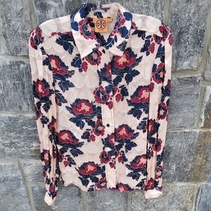 Tory Burch Navy and Pink Floral Silk Rayon Blouse Size 4